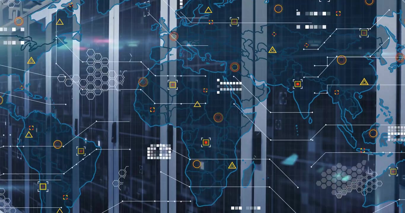 World map sliding into view over server racks, icons multiplying displaying live network activity