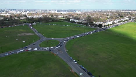 traffic queuing on roundabout blackheath southeast london drone,aerial