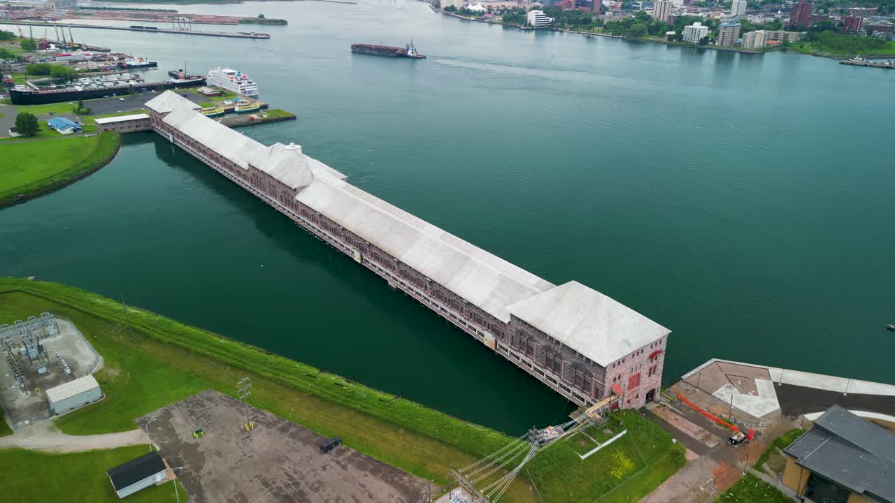 Aerial view of Saint Marys Falls Hydropower Plant, Sault Ste. Marie, Michigan