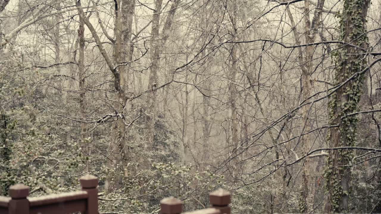 듀플렉스의 뒷베란다에 내리는 눈의 스틸 샷