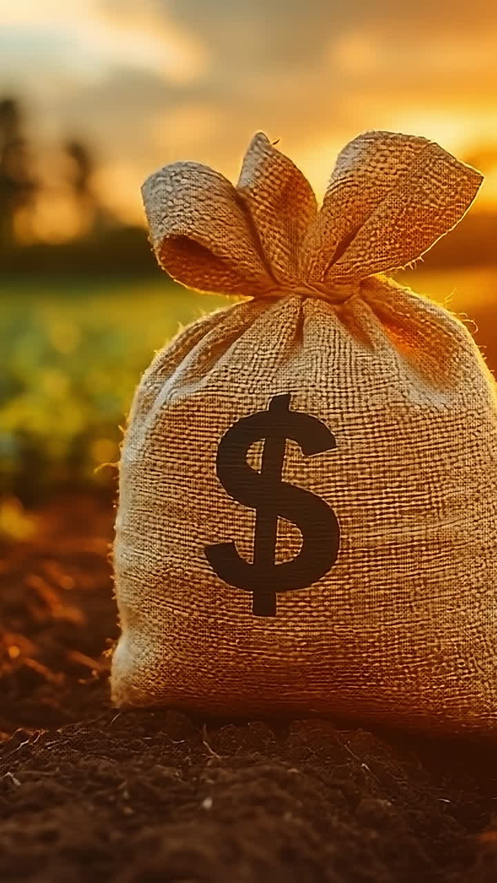 Money bag on farm at sunset. A burlap money bag sits on fertile soil with green crops surrounding it during a vibrant sunset.