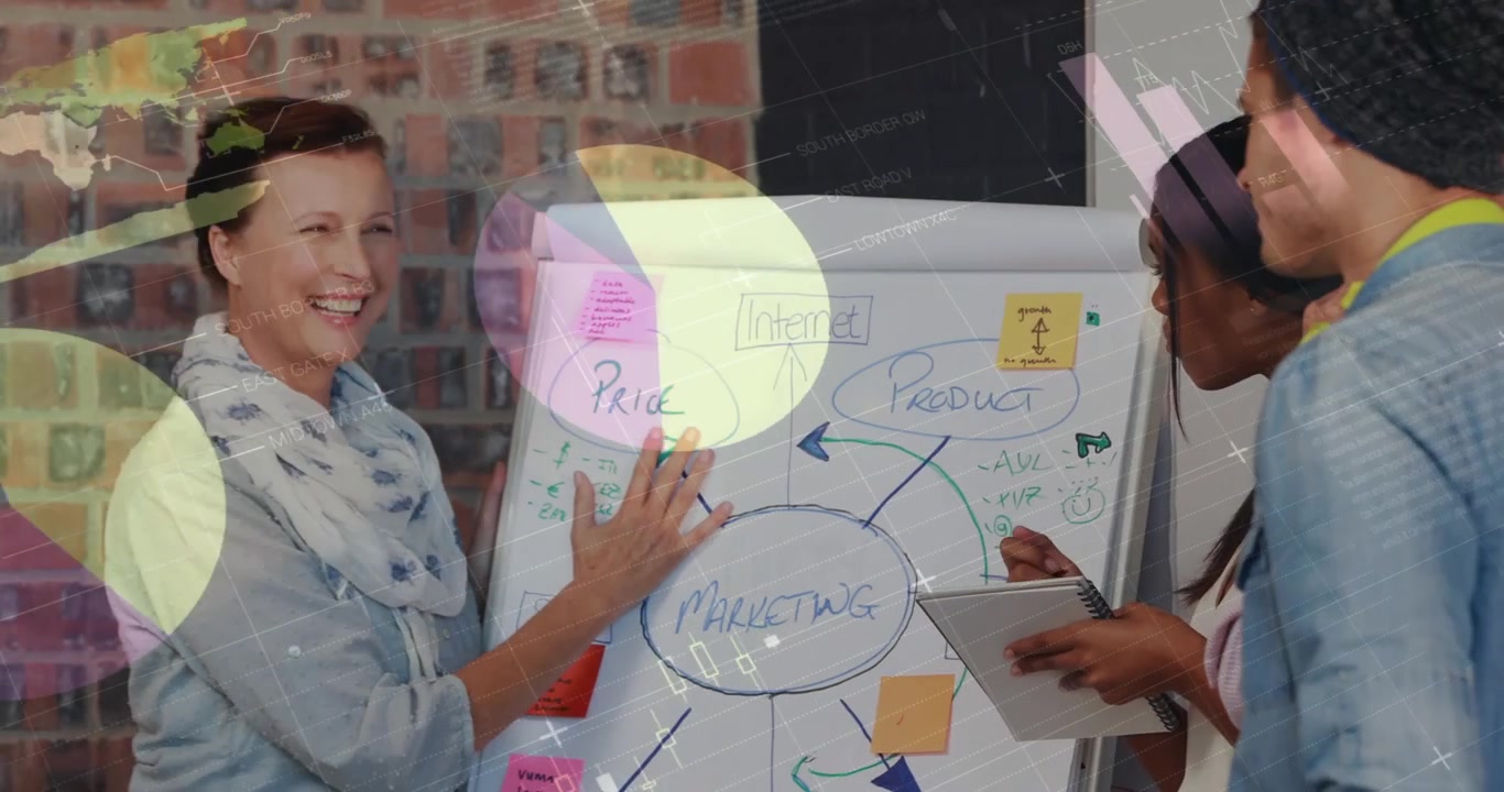 Animation of data processing over diverse business people discussing work