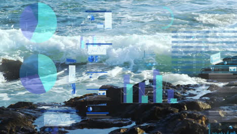 charts and graphs animation over ocean waves hitting rocks