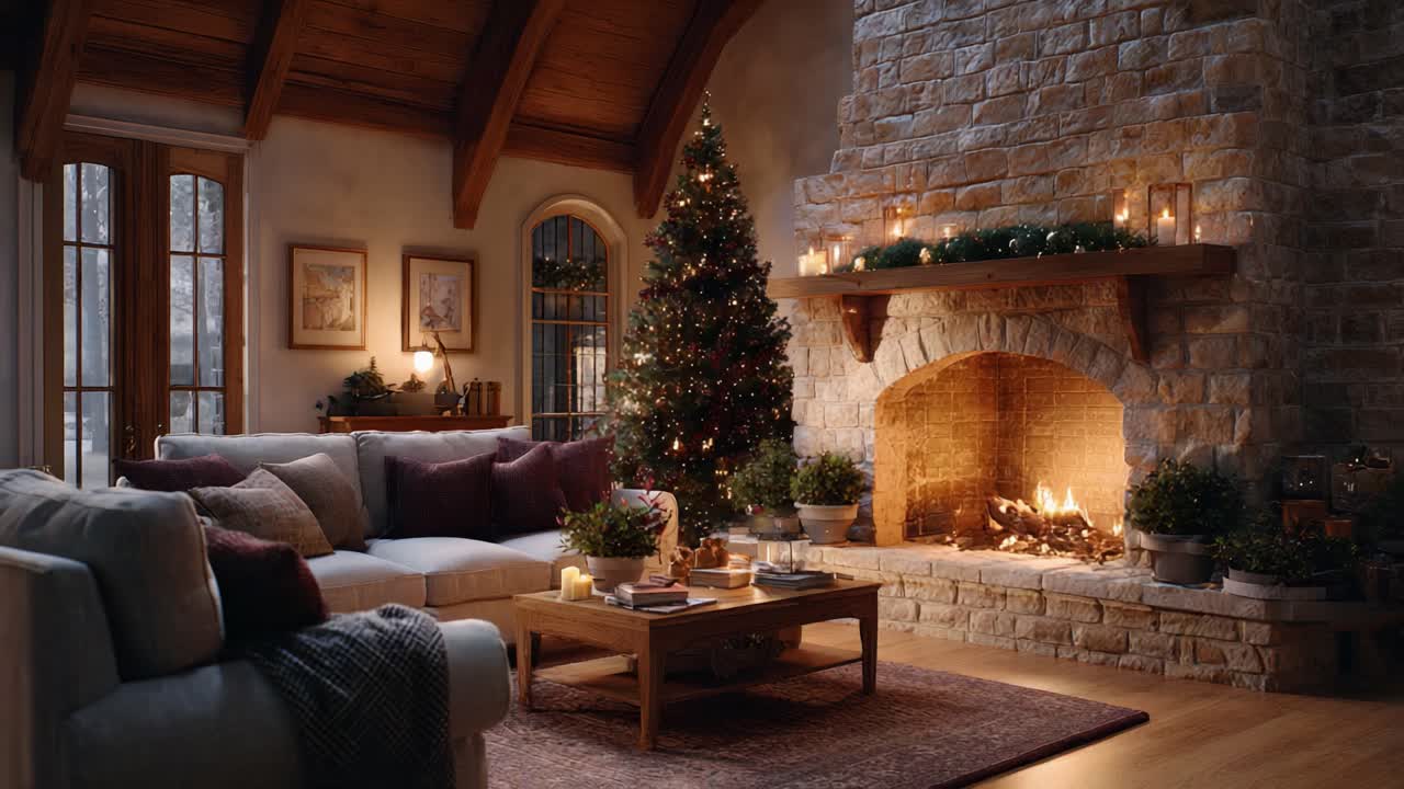 Cozy Winter Living Room with a Beautiful Christmas Tree and a Glowing Fireplace, Creating a Warm and Inviting Atmosphere Perfect for the Holiday Season