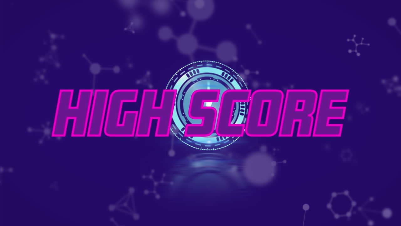 Animation of high score text banner over ticking clock and molecular structures on blue background
