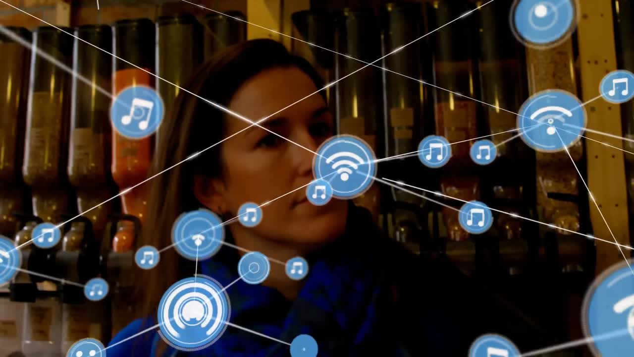 animación de iconos conectados sobre mujer caucásica mirando y caminando en la tienda de comestibles