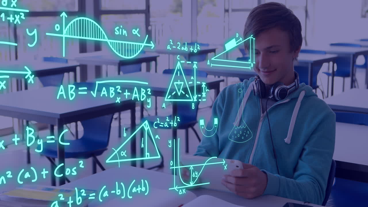 Animation of data processing over caucasian male student