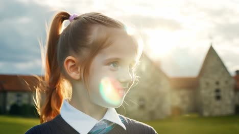 a young girl in a school uniform smiles happily at the camera. she is standing in front of a stone building with a green lawn in the background.