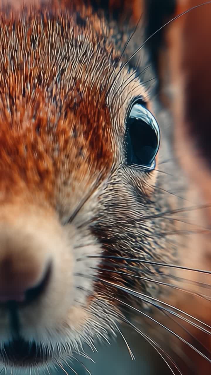 Primo piano del viso di uno scoiattolo che cattura la texture dettagliata della pelliccia e lo sguardo intenso, mettendo in mostra le intricate creazioni della natura e il fascino della fauna selvatica.