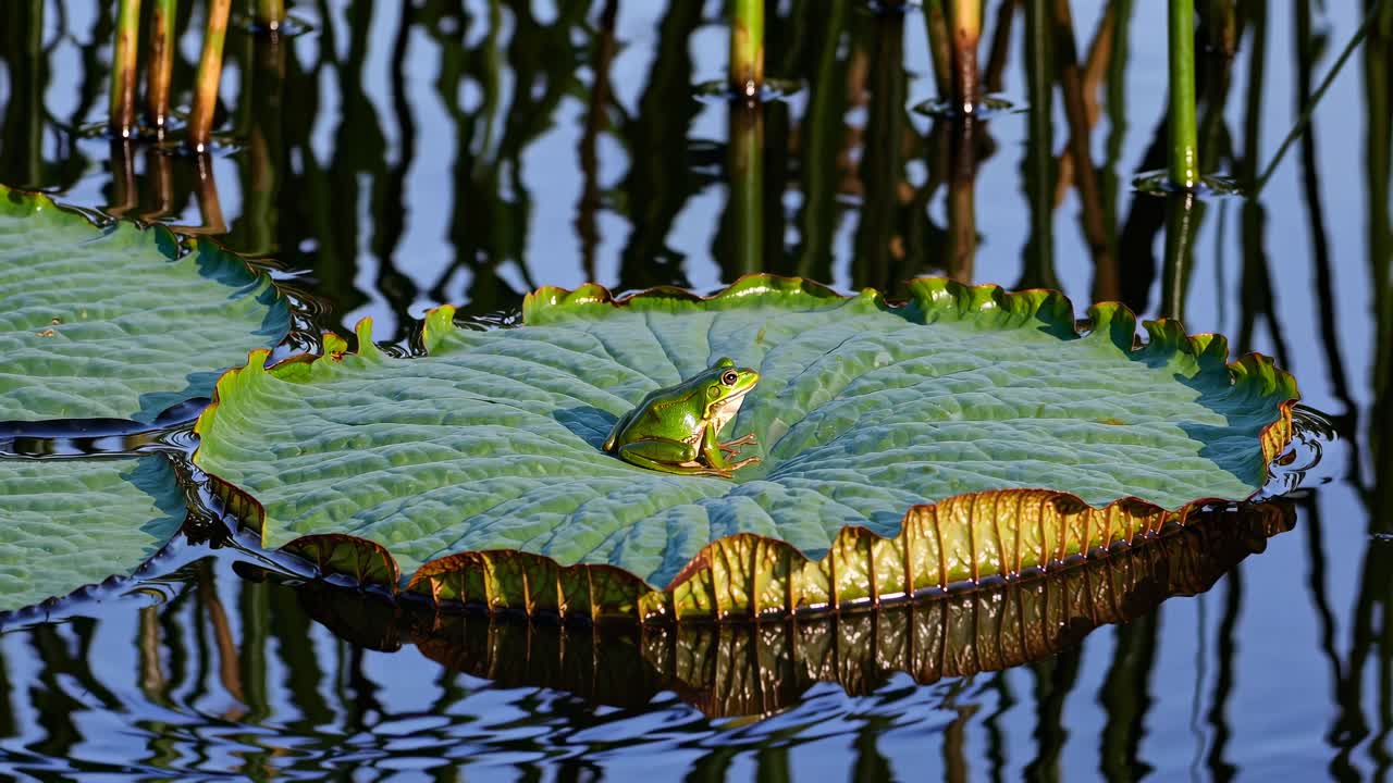 A frog sits on a lily pad in a serene pond, captured from a low angle