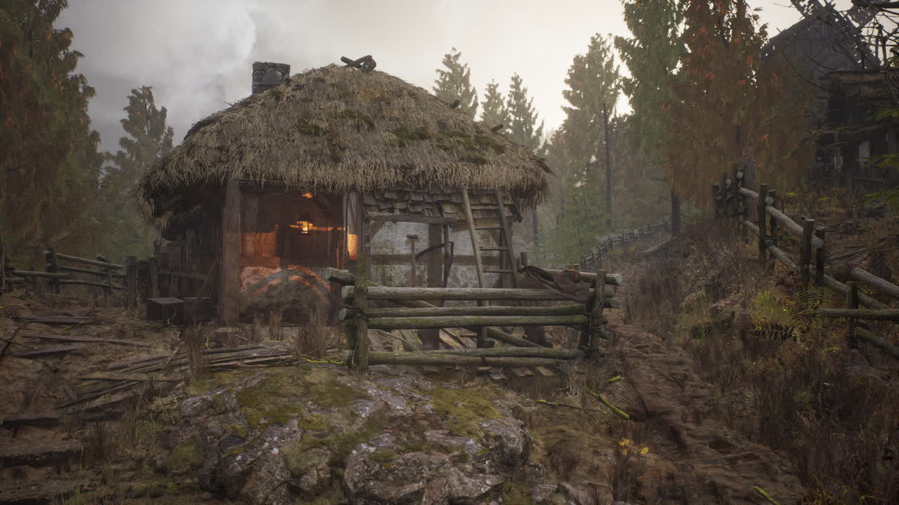 un viejo pueblo con casas en ruinas de madera