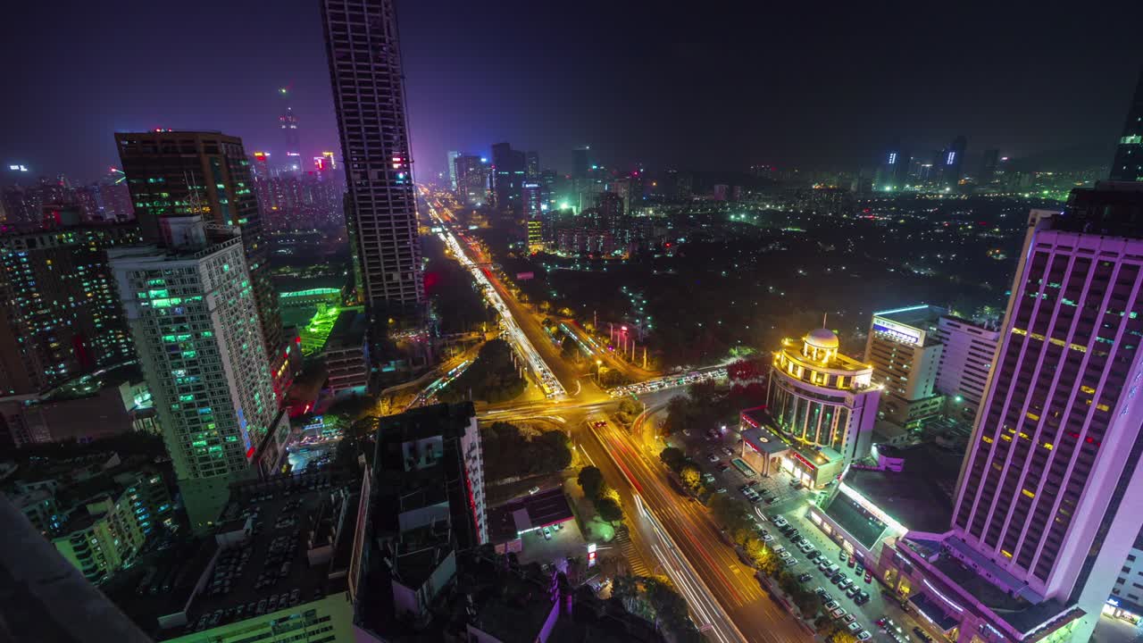 china luz nocturna techo de la parte superior de la ciudad de shenzhen vista del tráfico 4k lapso de tiempo