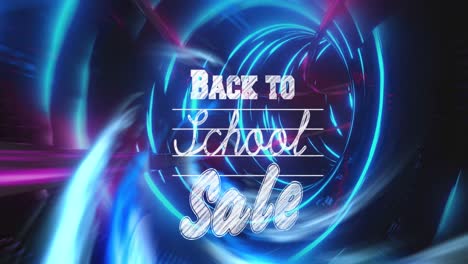 animation of back to school sale over tunnel made of neon lights on black background