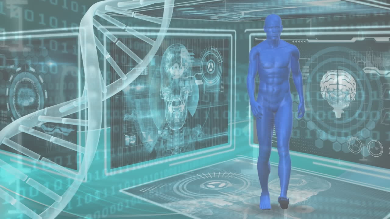 인간 몸, 뇌 및 dna 나선과 함께 hud 인터페이스의 애니메이션이 배경에서 이진 코드에 의해