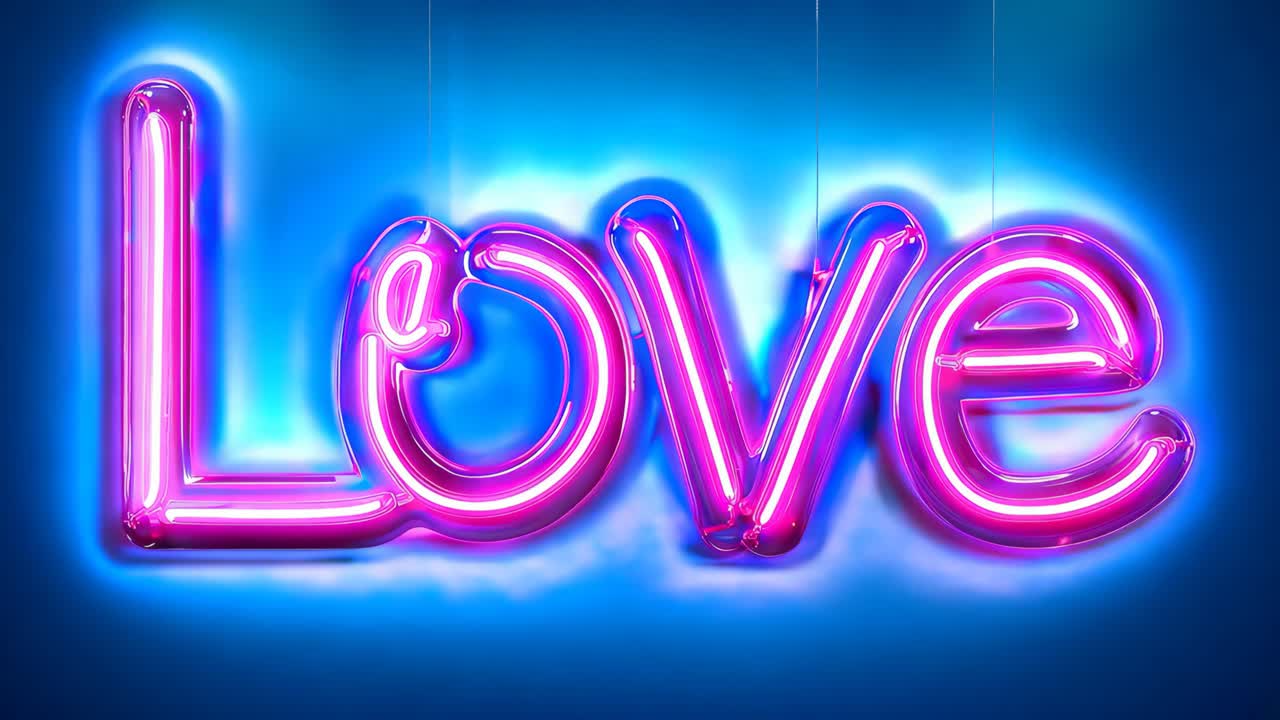 Et neonskilt hvor det står «love» som henger i snorer på en blå bakgrunn.