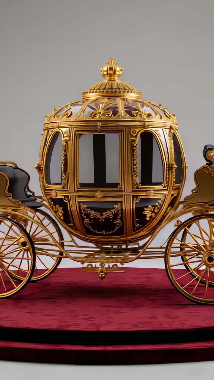 Vertical video: Starting red turntable spinning ornate carriage model against light-grey backdrop