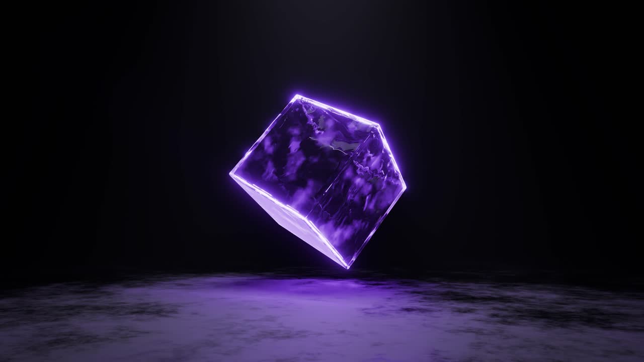 3D render animation loop of glowing neon cube and reflecting floor