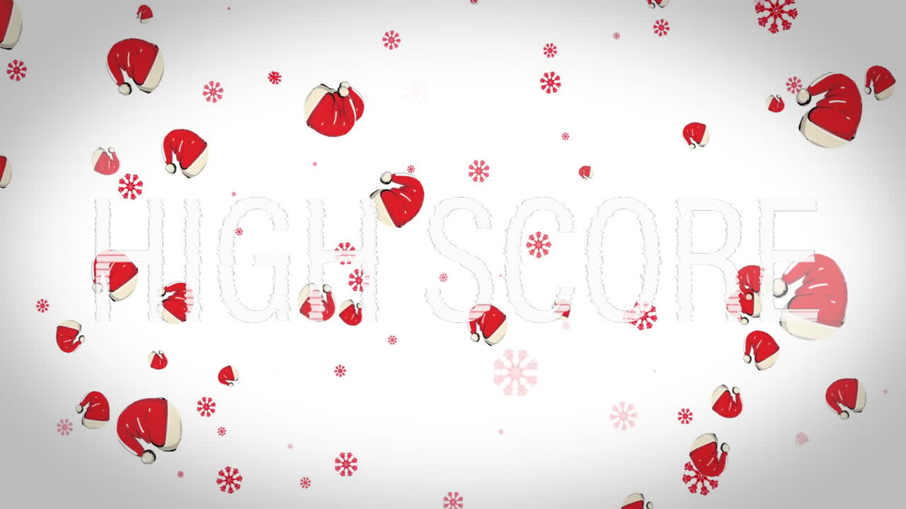 High score animation with Santa hats and snowflakes on white background