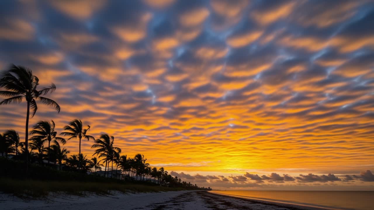 A Stunning Transformation: The Coastal Paradise Transitioning from Night to Day Under a Dramatic Sky with Vibrant Clouds and Palm Trees in the Foreground