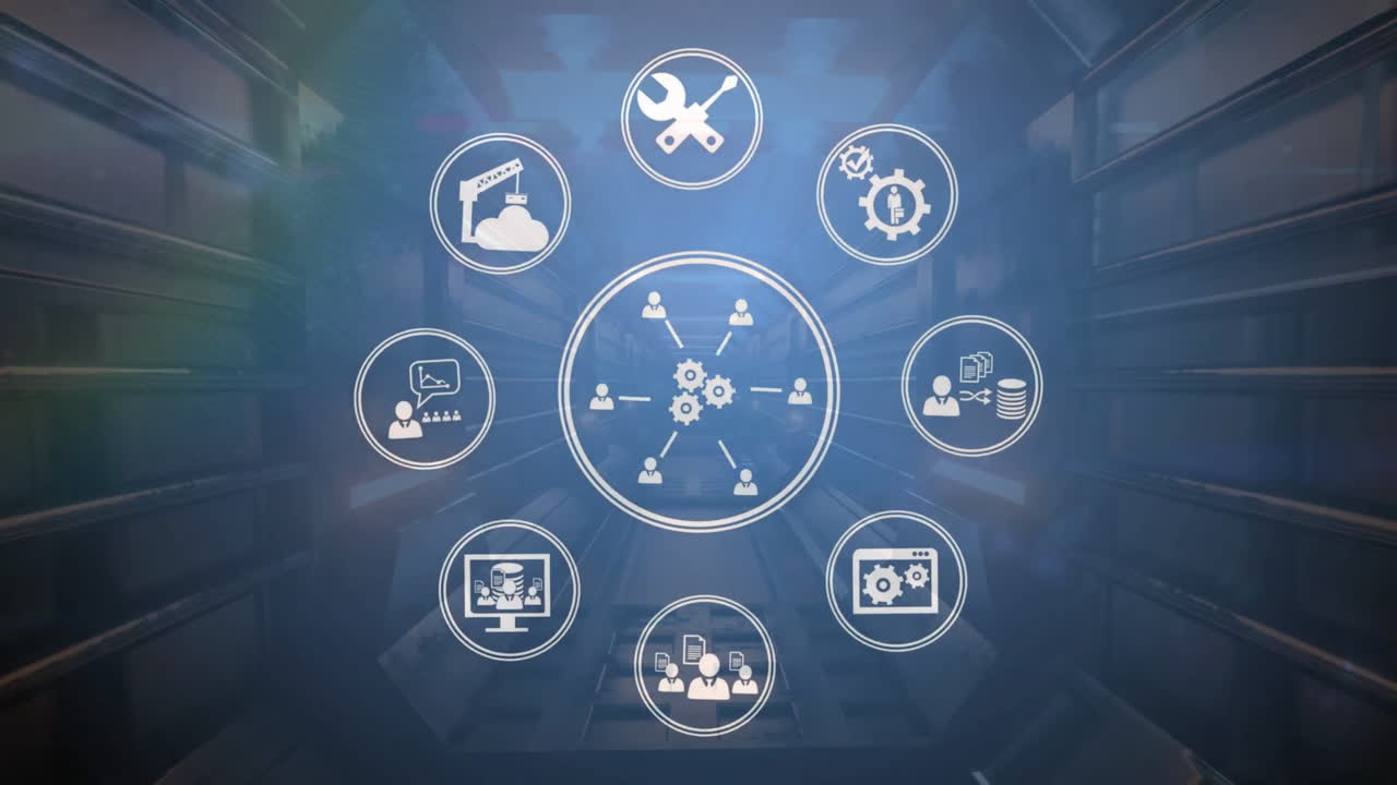 Animation of network of communication and people icons and glowing light on dark background