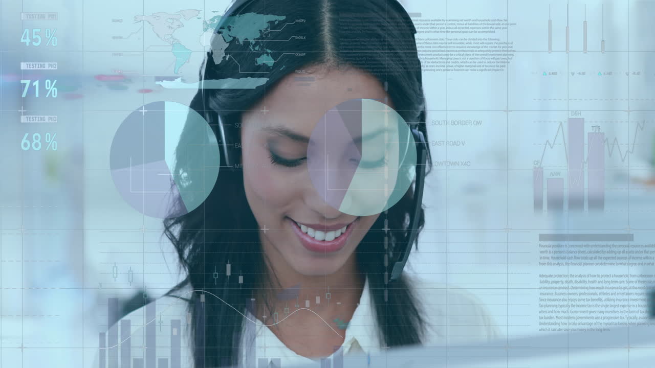 animación de gráficos y estadísticas rodando en la cuadrícula sobre la trabajadora del centro de llamadas