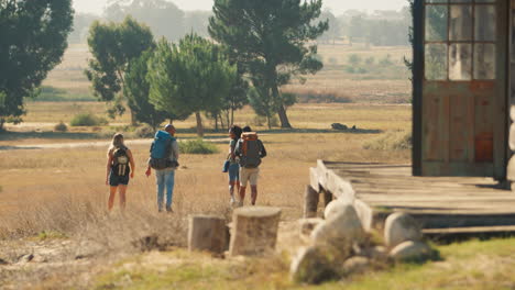 rear view of group of friends with backpacks hiking in countryside together