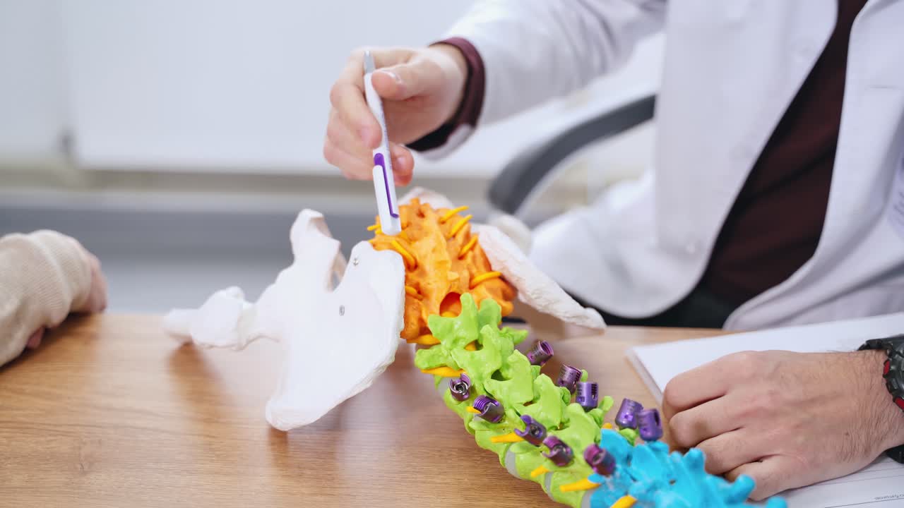 Back bone model on the table. Doctor's hands showing the work of bones on a colorful model to a female patient in clinic.