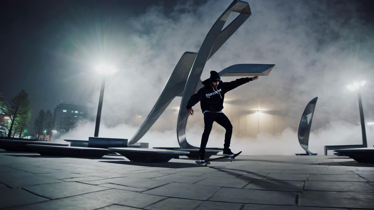 A dynamic low-angle video shot of a skateboarder performing tricks at night, with modern sculptures