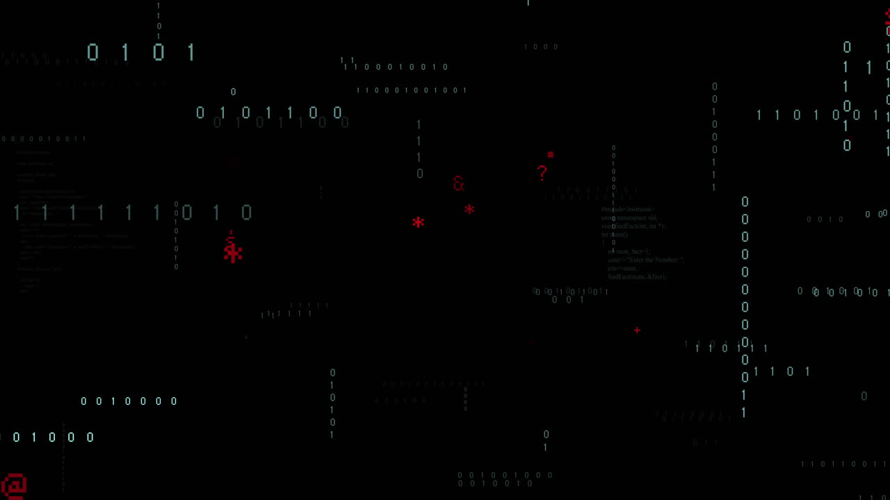 Animation of binary coding and data processing on black background
