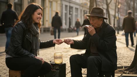 a serene street performance: a young woman shares a moment with an elderly musician, enjoying the vibrant atmosphere of the city and their unique connection