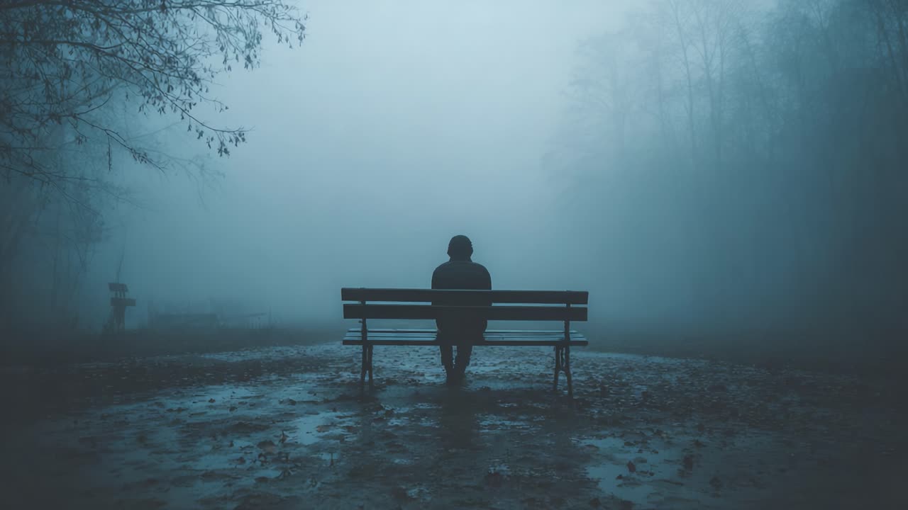 A solitary figure sits on a wooden bench, shrouded in mist and surrounded by a serene, foggy landscape, evoking feelings of solitude and introspection