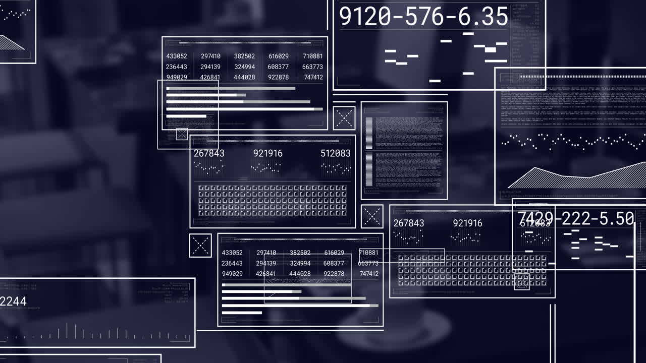Animation of data processing and diagrams over empty office