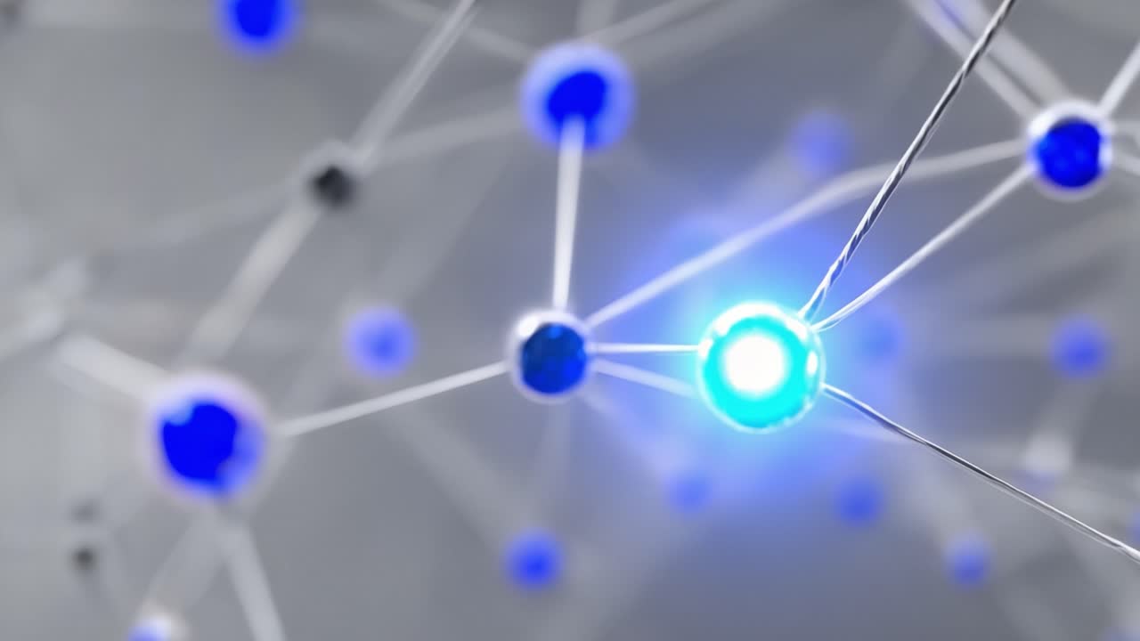 An intricate close-up view of interconnected particles emitting blue light, showcasing the complexities of molecular structures in a scientific and futuristic context