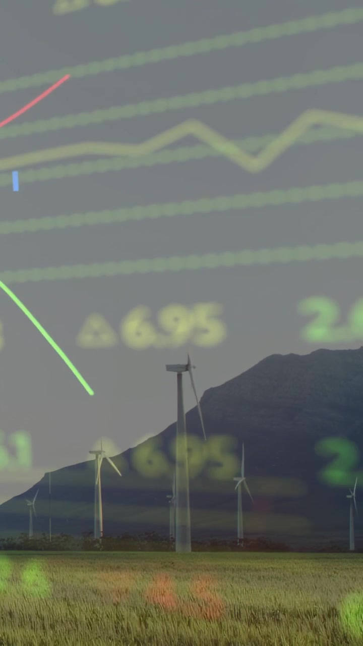 Vertikal video: Dataoverlegg stiger over roterende vindturbinblader, diagrammer viser produksjon.