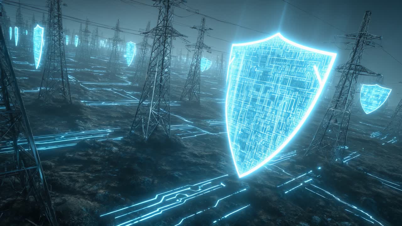 Digital Shields Protecting Electric Towers in a Futuristic Landscape: A Glimpse into the Intersection of Technology and Energy Security