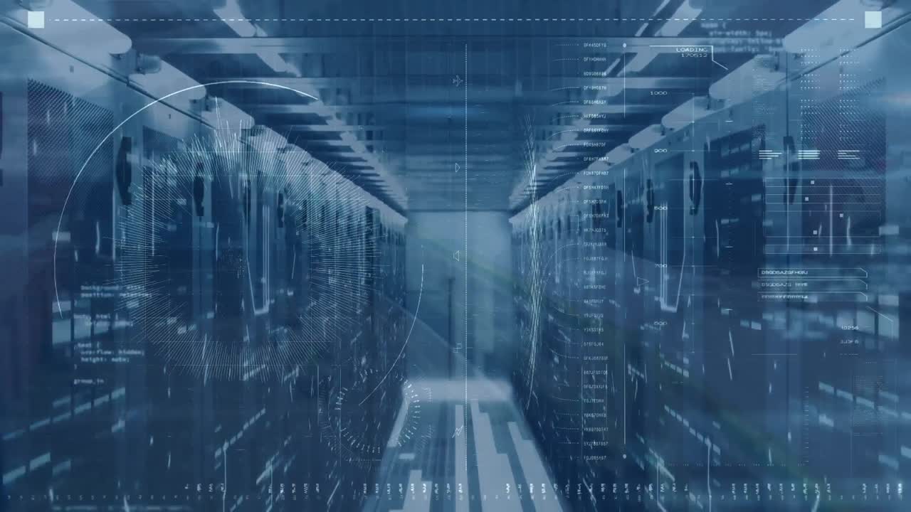 Animation of data processing with scope scanning over server room