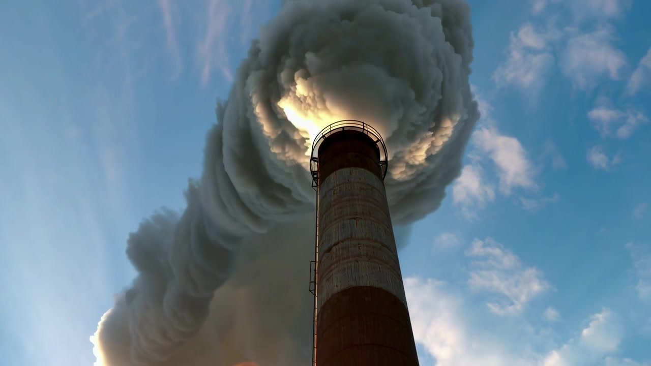 Industrieschornstein stößt dicken Rauch vor blauem Himmel aus
