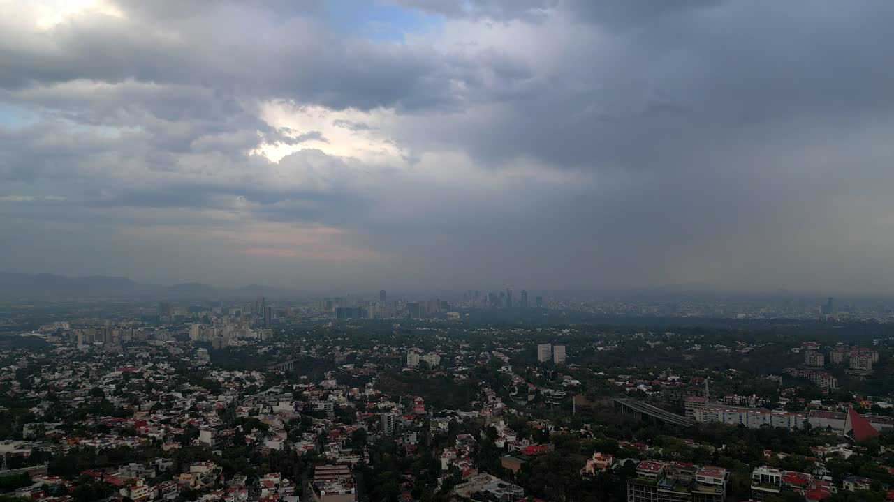 Wide Panoramic aerial view of the sky and buildings of Mexico city.