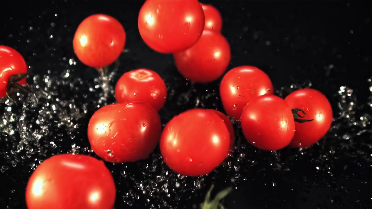 Frische rote Kirschtomaten fallen und spritzen Wasser in Zeitlupe.