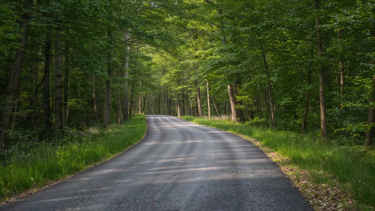 Telecamera che avanza rivelando una strada asfaltata che serpeggia attraverso una foresta di latifoglie, avvicinandosi al corridoio