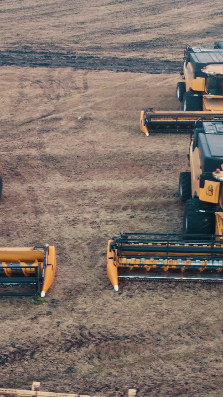 Combine harvesters in field