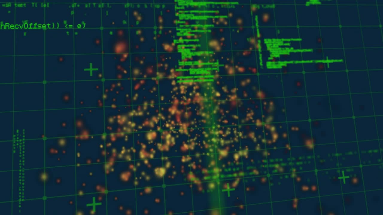 At startup glowing particle cluster expanding, swirling, code panels shifting showing data flow