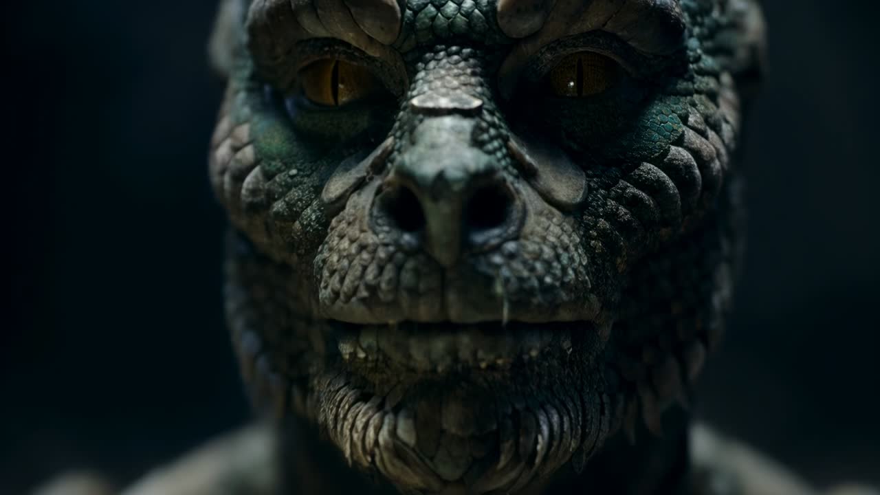Sich öffnender Reptilienkopf, sich hebende Augenlider und bernsteinfarbene Pupillen, die die Kamera in einer Höhle verfolgen, sichtbares Sabbern