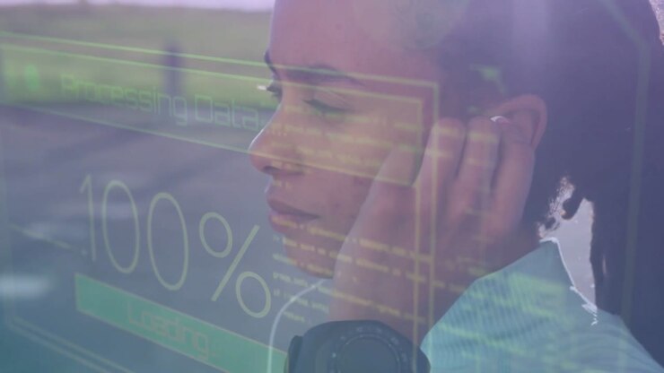 Woman adjusting earbud as data overlay appearing, progress bars rising to 100% for fitness