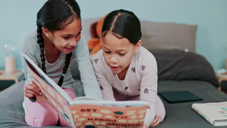 sisters, children and book for story on bed