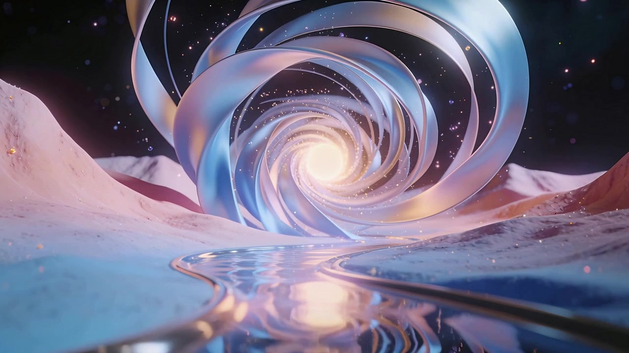 Moving camera approaching rotating metal spiral vortex in alien valley, channel revealing warm glow