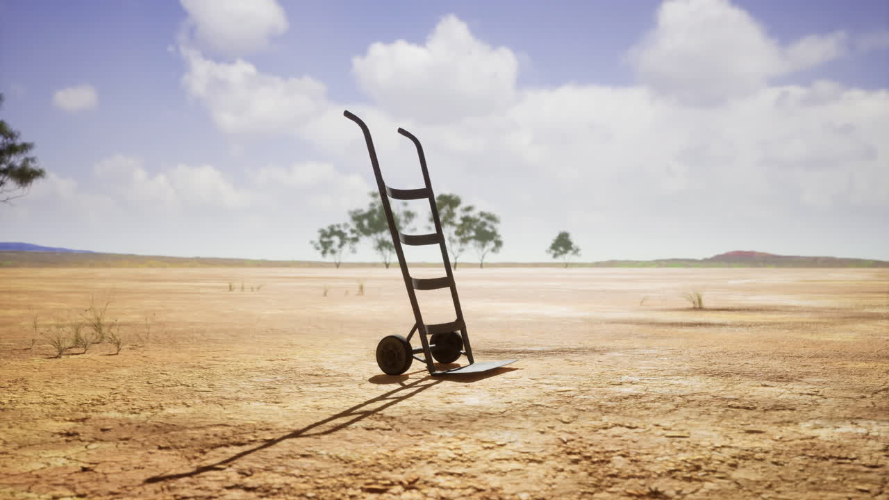 Lonely cart rests on sun baked earth under a vast open sky