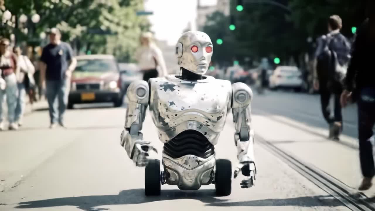 A futuristic humanoid robot navigates a busy urban street, showcasing advanced technology and intricate design amidst a bustling crowd in vibrant city life.