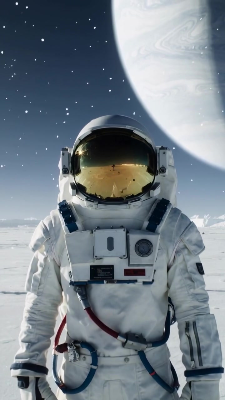 Video verticale: La telecamera zooma su un astronauta in tuta su una pianura ghiacciata, mostrando la figura nella visiera e le impronte