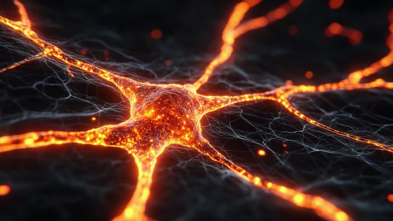 A Stunning Close-Up of an Electrifying Neuron: The Complex Structure of Neural Connections Glowing with Fiery Light in a Beautiful Abstract Visualization